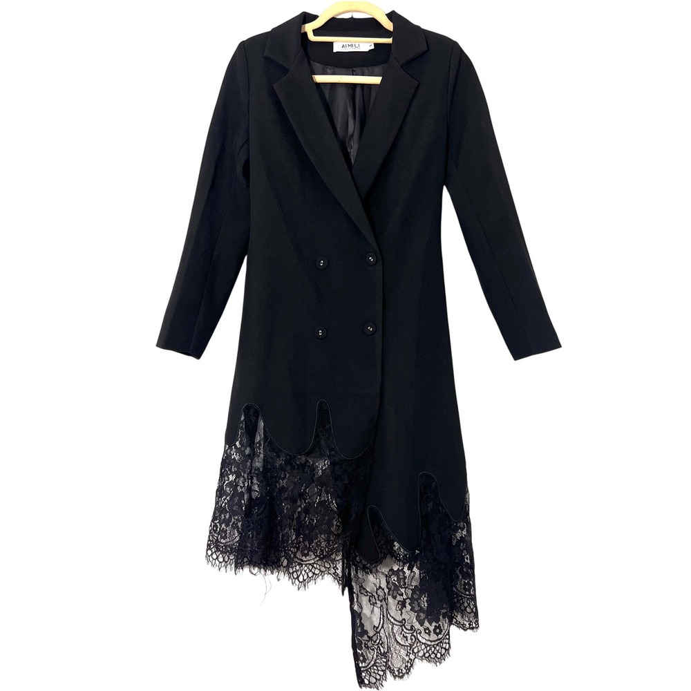 AI MI LI Blazer Dress Size S Black Lace Trim Asymmetrical Double Breasted Goth